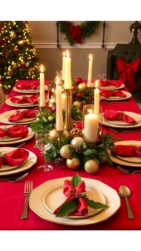 A festive Christmas table setting featuring holly, elegant dinnerware, candles, and seasonal decorations.